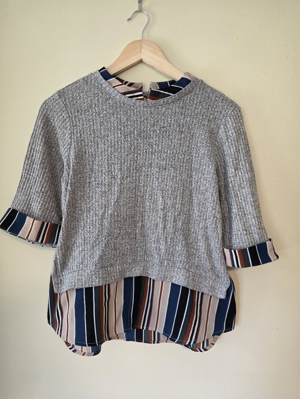 Monteau Grey Knit Layered Top with Navy & Tan Stripes